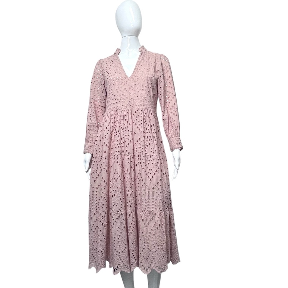 SoAllure Made In Italy Dusty Pink Tiered Long Sleeve Cotton Eyelet Midi Dress 40